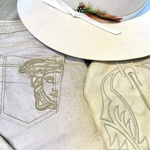 LUXURY Versace skinny stretchy boho jeans/pants with gold MEDUSA detailing